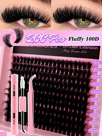 200 Pcs D Curl Fluffy DIY Lash Extension Kit 8-16mm Mixed Length 100D Fluffy Individual Lashes Cluster Segmented Spikes D Curl Eyelash Extension Kit With Lash Bond And Seal And Lash Applicator Tool For Self Application At Homelash Clusters Kit,Lashes,Eyelashes,Fake Lashes