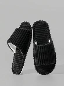 Women's Minimalist Bedroom Slippers, Fashion Indoor Corduroy Striped Open-Toe Slippers For Men, Suitable For Autumn, Winter, All Seasons, Couples & Family, Wooden Floor, Warm And Comfortable Home Shoes - Black - View 5