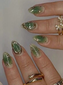 10pcs Handmade Natural Almond Nail With Green Tie Dye Gold Striped Texture, 3D Star Decor, Minimalist Luxury Style False Nail Press On Nails