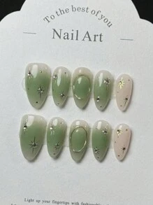 10pcs Handmade Natural Almond Nail With Green Tie Dye Gold Striped Texture, 3D Star Decor, Minimalist Luxury Style False Nail Press On Nails