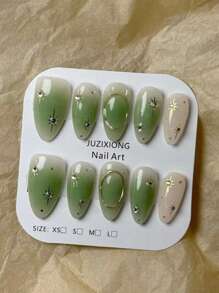 10pcs Handmade Natural Almond Nail With Green Tie Dye Gold Striped Texture, 3D Star Decor, Minimalist Luxury Style False Nail Press On Nails