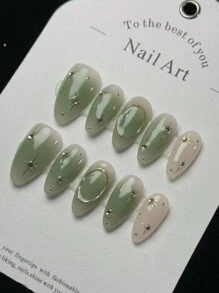 10pcs Handmade Natural Almond Nail With Green Tie Dye Gold Striped Texture, 3D Star Decor, Minimalist Luxury Style False Nail Press On Nails