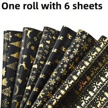 6 Stücke/12 Stücke Weihnachts Geschenkpapier aus Folie, Retro-Schwarz & Gold Hirsch, Schneeflocke, Weihnachtsbaum Muster, Geschenkverpackungspapier, Weihnachten