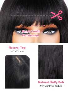 Glueless Bob Wig With Bangs Human Hair Short Straight Bob Wig With 2.5"X1" Lace Top Natural Black Bob Wig With Yaki Straight Texture Mini Lace Wig Natural Black Color - Natural & Black - View 8