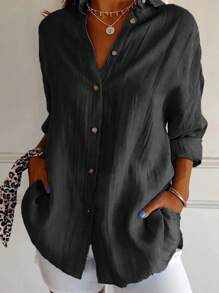 Women's Elegant Long Sleeve Button Down Blouse Shirt - 黑色 - 查看 2