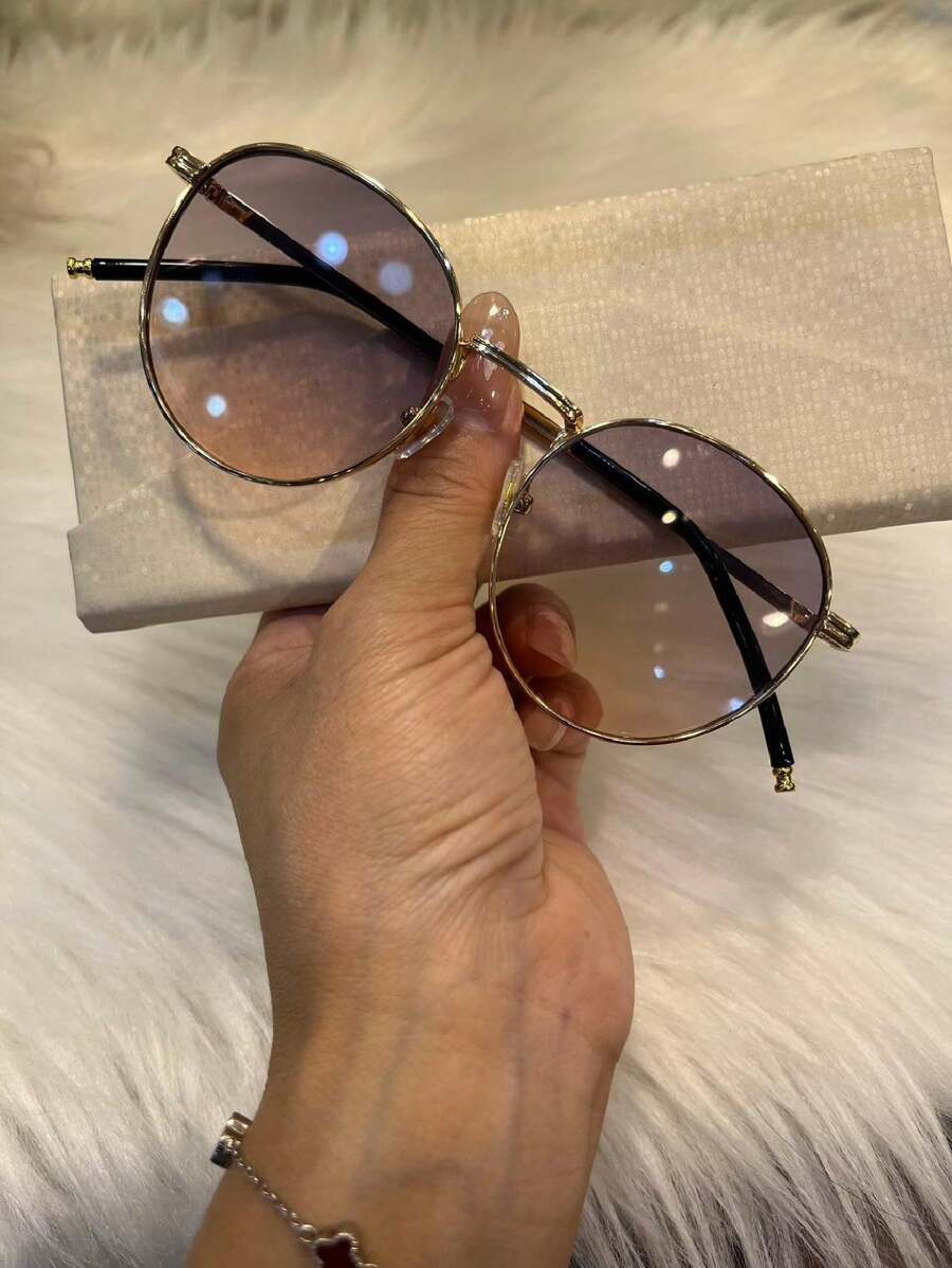 Korean Version Of The New Simple Metal Sunglasses, Light And Fashionable Round Sunglasses, Internet Celebrity And Cool Street Style Glasses For Women,Give A Glasses Box - Màu tím - Xem 1