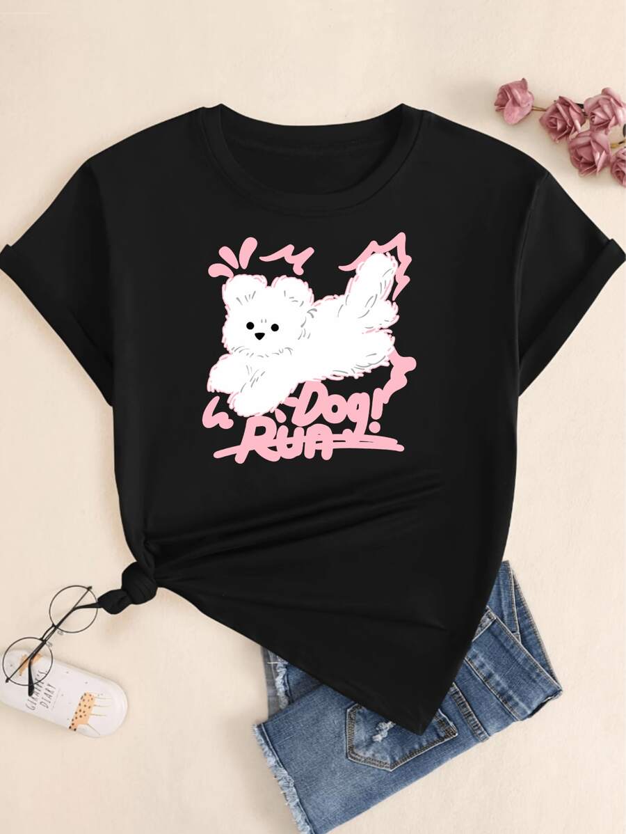 Dog Run Print T-Shirt Women's Blouse Premium Casual Comfort Short Sleeve T-Shirt - màu đen - Xem 1