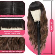 长款棕色假发，带刘海，深色发根，波浪形假发，耐热合成纤维假发，适合日常派对使用，24 英寸，女士 - 棕色 - 查看 4