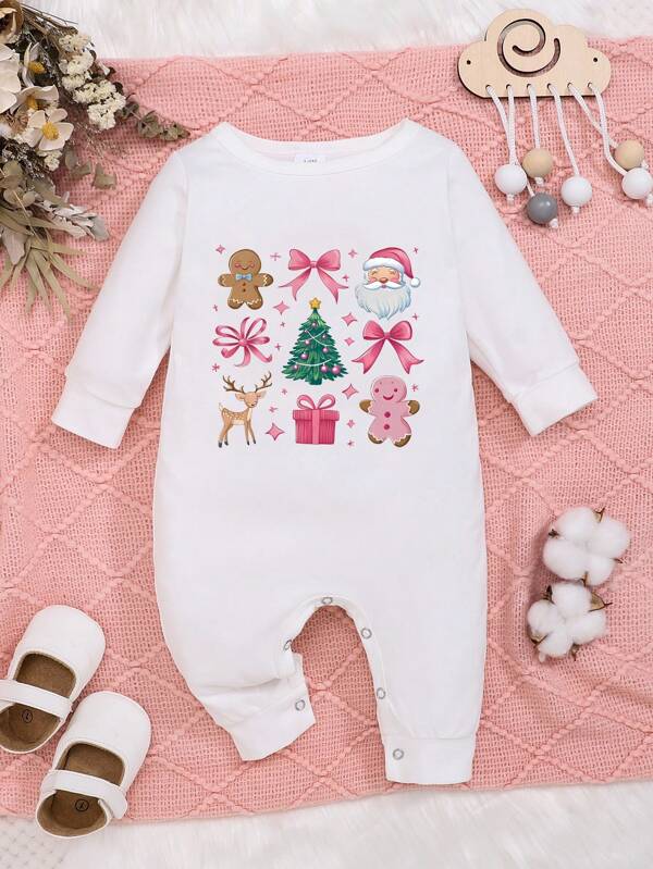 Baby Girl Long Sleeve Christmas Cartoon Print Romper, Baby Clothing