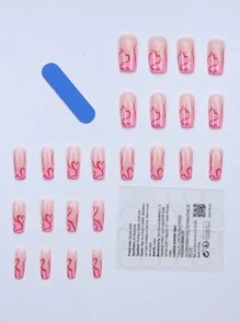 24件套，瞬间提升您的美甲体验！中号方形假指甲，法式红心设计，包含假指甲、指甲锉和指甲胶贴。这款美甲套装是送给女孩、母亲和女性的绝佳礼物，具有美白效果，可直接涂抹于指甲，是理想的美甲护理产品。美甲用品 - 粉色 - 查看 3