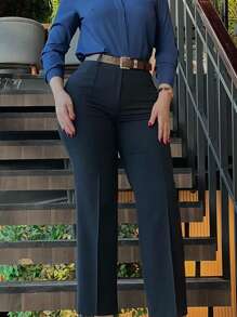 Fashion Classic High Waist Straight Leg Office Pants - Black - View 3