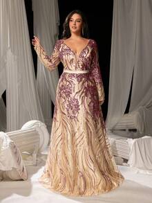 Faeriesty 大码优雅深V领露背晚礼服，搭配透视A字裙摆和闪亮亮片，适合正式宴会和摄影场合，女士穿着。 - 藕粉色 - 查看 6