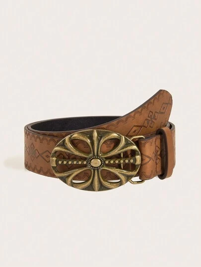 1pc Retro Metal Buckle Printed PU Leather Waist Belt, Suitable For Western Cowboy Style Summer, School Fall, Autumn, Halloween