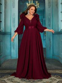 QOQ Robe formelle élégante pour femmes, grande taille, pour soirée de mariage, dîner, anniversaire. Couleur unie, mousseline de soie, col V, robe de soirée maxi