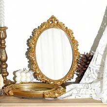 Vintage European Style Carved Decorative Accessory Gold Foil Hollow Engraved Decorative Mirror, Wall Mounted Vanity Mirror Home Bathroom Decor Fall Decor Makeup Organizer Bathroom Accessories Back To School
