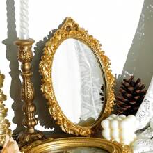 Vintage European Style Carved Decorative Accessory Gold Foil Hollow Engraved Decorative Mirror, Wall Mounted Vanity Mirror Home Bathroom Decor Fall Decor Makeup Organizer Bathroom Accessories Back To School