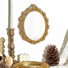 Vintage European Style Carved Decorative Accessory Gold Foil Hollow Engraved Decorative Mirror, Wall Mounted Vanity Mirror Home Bathroom Decor Fall Decor Makeup Organizer Bathroom Accessories Back To School