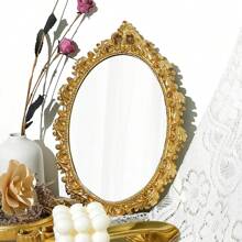 Vintage European Style Carved Decorative Accessory Gold Foil Hollow Engraved Decorative Mirror, Wall Mounted Vanity Mirror Home Bathroom Decor Fall Decor Makeup Organizer Bathroom Accessories Back To School