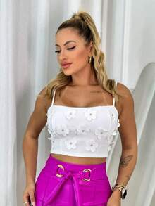 Cropped Floral Flower Strappy Summer Spring Women's Fashion - 白色 - 查看 1