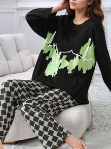 2pcs Winter Women's Printed Long Sleeve Crew Neck Casual Sleepwear Pajama Set - Black - View 4