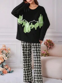 2pcs Winter Women's Printed Long Sleeve Crew Neck Casual Sleepwear Pajama Set - Black - View 5