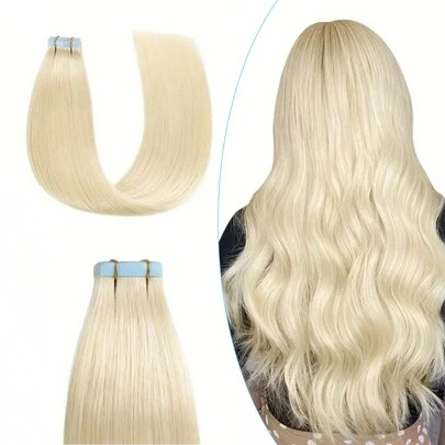 50g Tape In Hair Extensions 20pcs/Pack 60# Platinum Blonde Remy Silky Straight Seamless Invisible Tape Adhesive Human Hair Extensions ,Salon Quality, Can Be Dyed, Halloween Costumes Party Human Hair Extension, Angel Cosplay Use