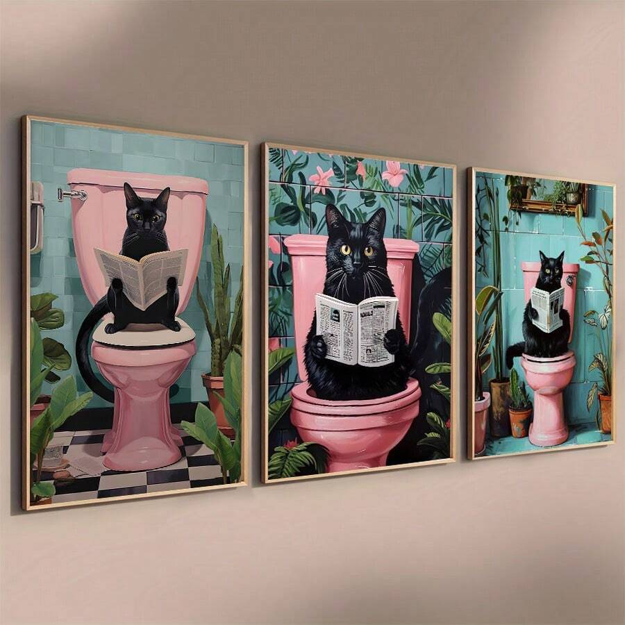 3 件/套复古有趣的黑猫在厕所阅读印刷海报，动物壁画，印刷海报客厅墙壁艺术，客厅卧室浴室墙壁装饰，秋季家居装饰房间装饰，餐厅家庭办公室墙壁装饰的创意礼物，无框架 - 彩色 - 查看 1