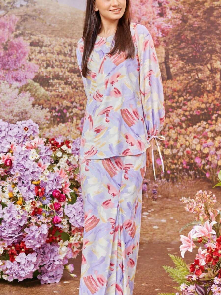 Quần áo Mã Lai Baju Kurung cho phụ nữ, cổ tròn, in toàn thân, thanh lịch, áo dài tay và váy, phù hợp cho trang phục thường ngày và thanh lịch - Màu tím - Xem 1
