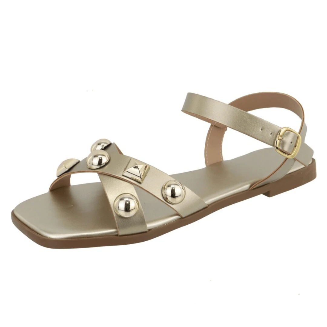 Women's Flat Sandal Square Toe Strap Detail Applications Buttons On The Ankle Adjustable Buckle - 金色 - 查看 1