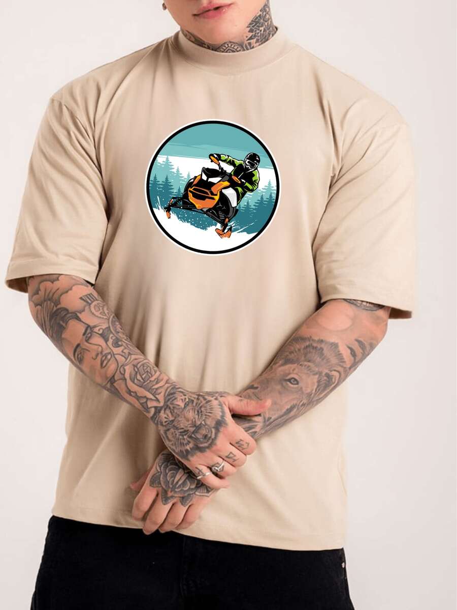 Men's Streetlife Oversized T-Shirt Snowmobile Print Wide Sleeve Casual T-Shirt - Màu be - Xem 1