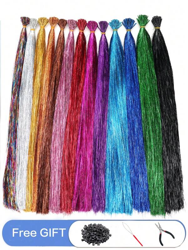 Paquete de 50 piezas de extensiones de cabello de fibra resistente al calor en 10 colores, recto de 20 pulgadas/50 cm, accesorio para peluca, set de regalo festivo de clip de pelo y decoración de pelo para fiesta para mujeres y niñas