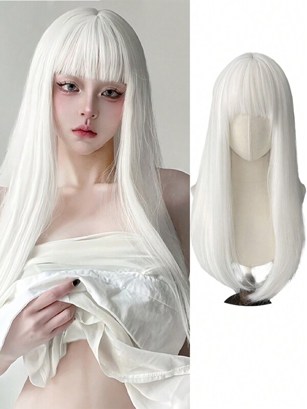 Peruca Sintética Reta Longa Branca para Mulheres, Peruca Colorida para Festa de Cosplay com Franja, Peruca Branca Resistente a Altas Temperaturas