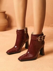 Women's Fashionable Comfy Elegant Versatile Burgundy Buckle Thick Heel Square Toe Ankle Boots