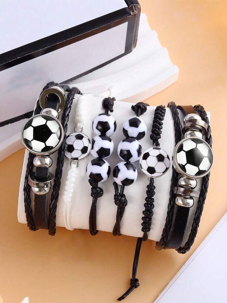6pcs Set Football Bracelet Set Sports Luminous Round Retro Leather Beaded Bracelets For Men SHEIN UK