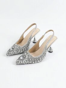 Fall/Winter Women's Pointed Toe Metallic Pineapple Shaped Rhinestone Embellished High Heels, Elegant Fashion Comfortable Slingback Dress Pumps In Silver Color, Suitable For Daily Wear, Shopping, Party, Wedding,Elegant