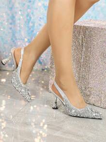Fall/Winter Women's Pointed Toe Metallic Pineapple Shaped Rhinestone Embellished High Heels, Elegant Fashion Comfortable Slingback Dress Pumps In Silver Color, Suitable For Daily Wear, Shopping, Party, Wedding,Elegant