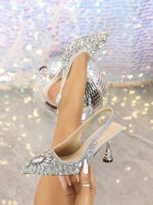 Fall/Winter Women's Pointed Toe Metallic Pineapple Shaped Rhinestone Embellished High Heels, Elegant Fashion Comfortable Slingback Dress Pumps In Silver Color, Suitable For Daily Wear, Shopping, Party, Wedding,Elegant