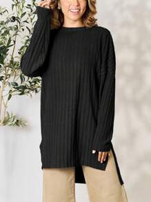 Women's Casual Knit Top Oversized Long Sleeve Basic Ribbed Slit Solid Knit Top Khaki Ribbed Knit Fabric Long Sleeve Pullover Loose Fit Crew Neck Tunic Length Solid Color Fall/Winter High-Low Hem Cozy Layering Piece Everyday Wear - 黑色 - 查看 1
