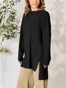Women's Casual Knit Top Oversized Long Sleeve Basic Ribbed Slit Solid Knit Top Khaki Ribbed Knit Fabric Long Sleeve Pullover Loose Fit Crew Neck Tunic Length Solid Color Fall/Winter High-Low Hem Cozy Layering Piece Everyday Wear - 黑色 - 查看 2