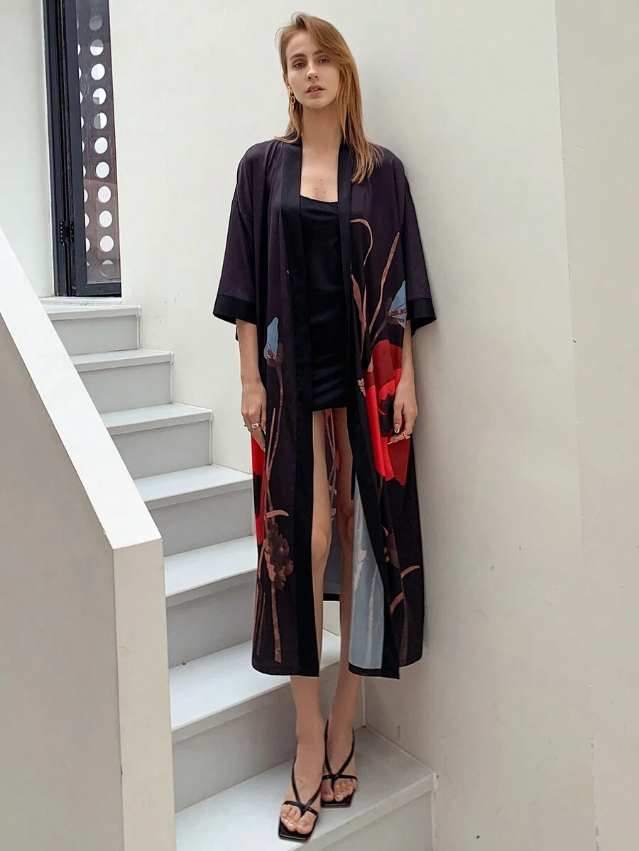 Women's Kimono Robe Long Satin Robe Floral Robe Kimono Bathrobe Nightgown - 黑色 - 查看 1