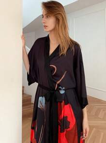 Women's Kimono Robe Long Satin Robe Floral Robe Kimono Bathrobe Nightgown - 黑色 - 查看 8