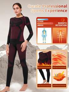 女士冬季保暖内衣套装，透气保暖长袖上衣和高腰修身长裤，无缝两件套运动套装，适合跑步、滑雪 - 紅色 - 查看 7