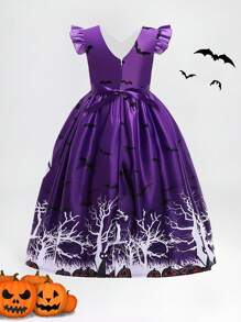Tween Girl Halloween Series Pattern Satin Princess Dress, Holiday Party Dress Suitable For Gatherings And Balls, Fabric Pattern Randomly Cut, Does Not Include Hat And Headband - Purple - View 6
