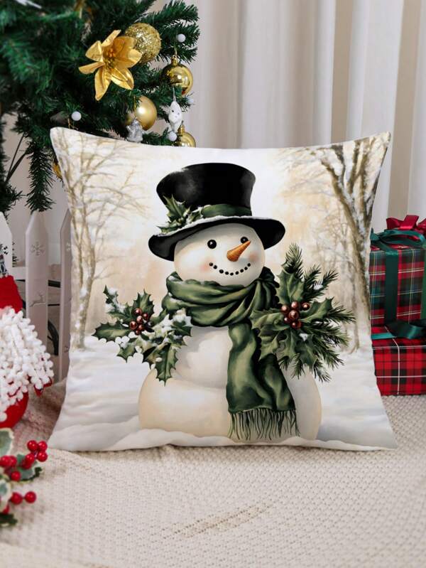 1pc Christmas Snowman, Pine Cone & Holly Leaf Pattern Decorative Cushion Cover, Modern Fabric Plush Printed Throw Pillow Case For Sofa Living Room Christmas Home Decor, No Filler