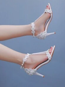 Giày cao gót ren trắng đính hạt 7cm, hở mũi, đính pha lê, thích hợp cho đám cưới, cô dâu, váy dạ hội, cỡ lớn - trắng - Xem 10