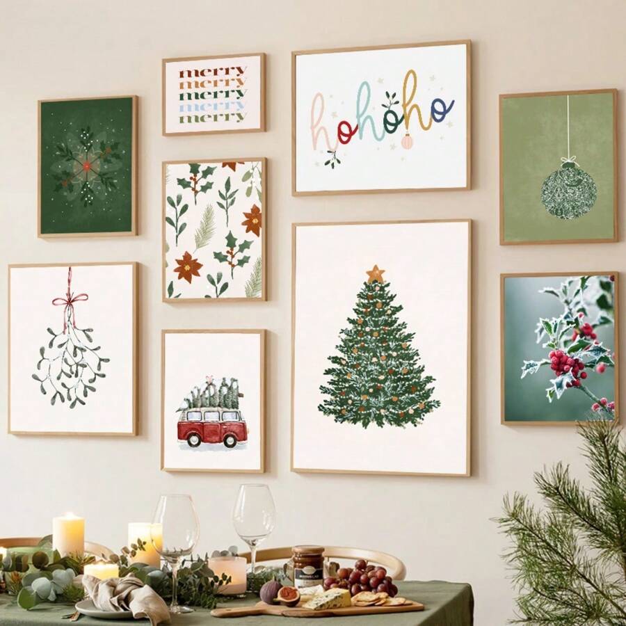 1 件圣诞树球装饰海报冬青冬季范帆布画雪花印刷品装饰家居房间画无框架 - 彩色 - 查看 1