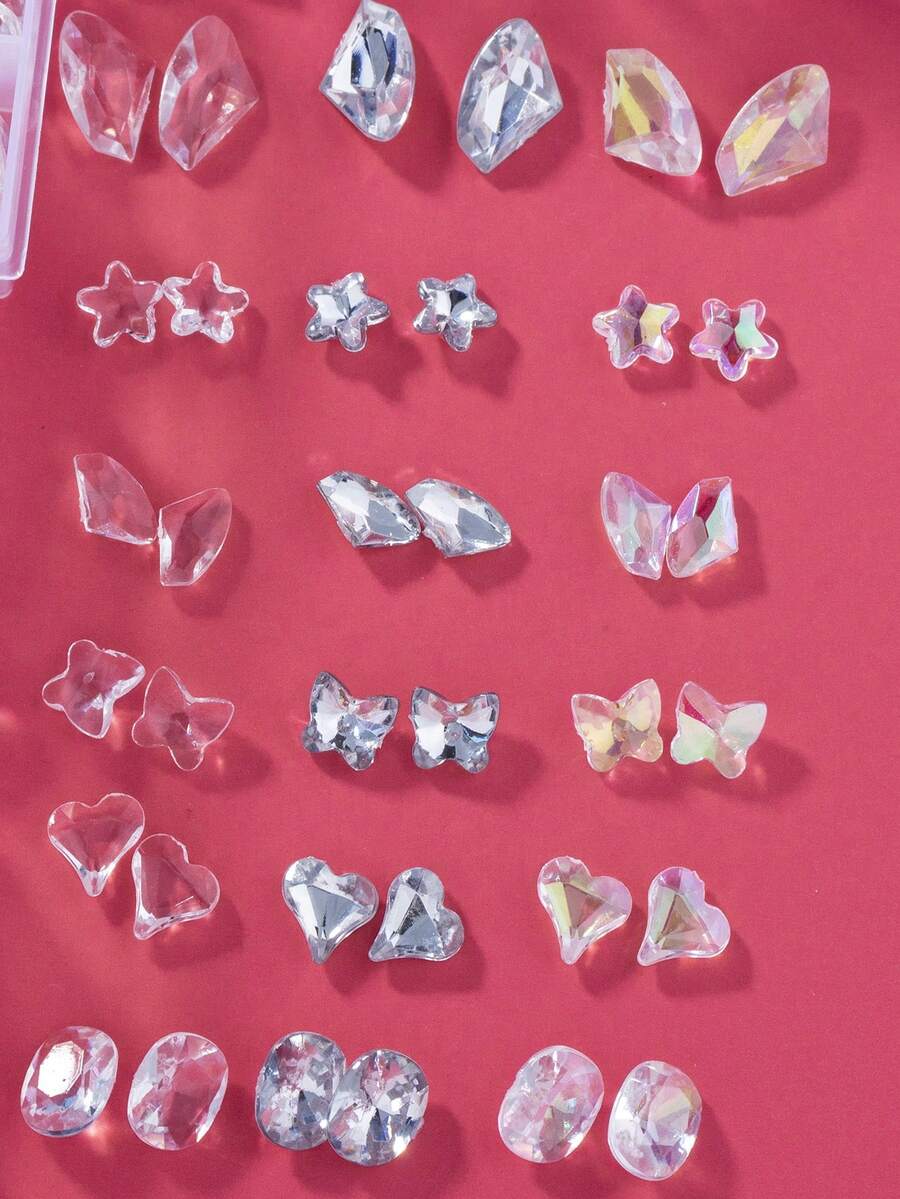 6 隔层亚克力指甲装饰 DIY 指甲宝石，不对称形状，带透明 AB，白色透明底座，适用于假指甲 - 無色 - 查看 1