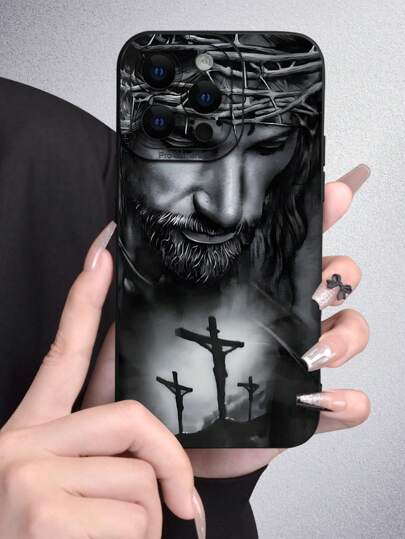 1pc Black & White Graphic 2D Pattern Popular Creative Stylish Religious Believer Style Suitable For Gifting To Friends, Family, Couples, Yourself, Black Matte Soft Protective Dustproof Waterproof Case Compatible With IPhone 17/16/15/14/13/12/11/Pro/ProMax/X/XR/XS/XSMAX/7/8/PLUS And Models