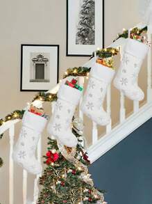1pc/2pcs/4pcs Cream White Artificial Fur Christmas Stockings, 20 Inches, Soft Thick Fluffy Christmas Stockings With Silver Glitter Snowflake, For Christmas Decorations - White - View 1