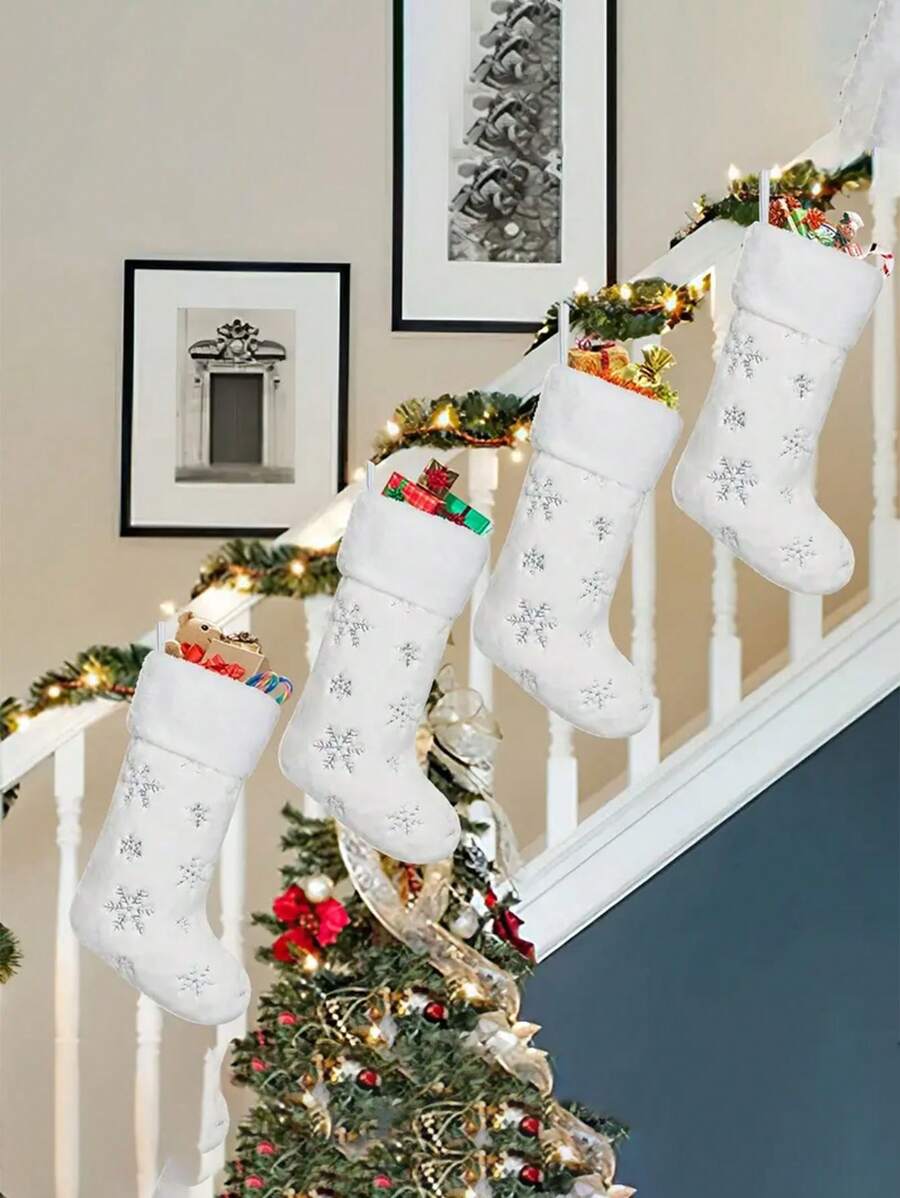 1pc/2pcs/4pcs Cream White Artificial Fur Christmas Stockings, 20 Inches, Soft Thick Fluffy Christmas Stockings With Silver Glitter Snowflake, For Christmas Decorations - White - View 1